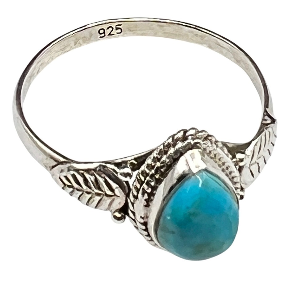 925 Sterling Silver Southwestern Turquoise Ring Sz 8.25 Teardrop & Leaf Design